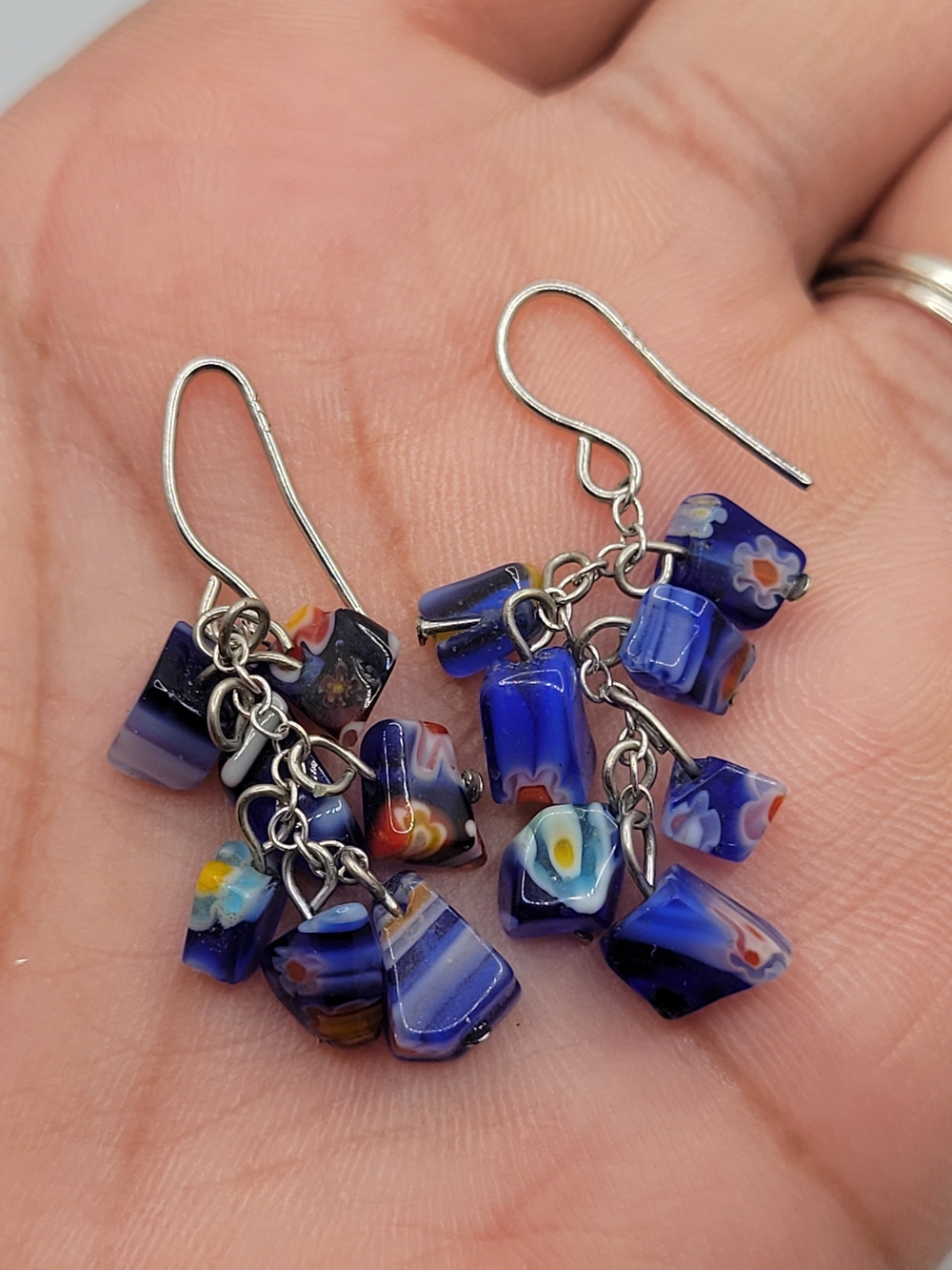 Blue Millefiori Glass Dangle Earrings Stamped 925 Sterling Silver